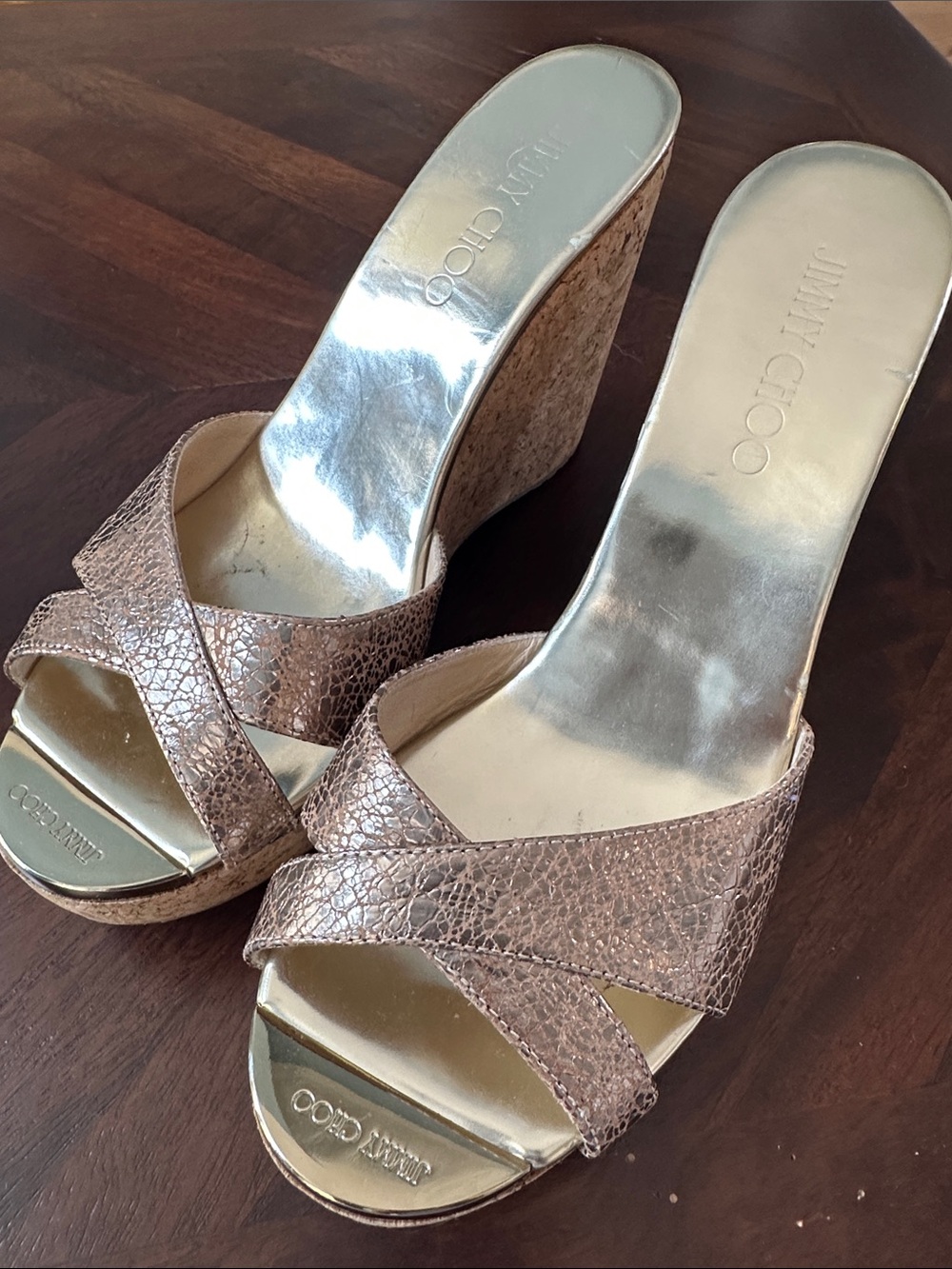 Jimmy Choo Metallic Rose Gold Cracked-Texture Cork Wedge Sandals